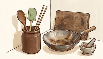 A carbon steel wok, chopping board and jar of utensils on the counter