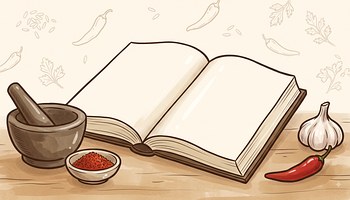 An open recipe book beside a pestle and mortar, garlic and chilli
