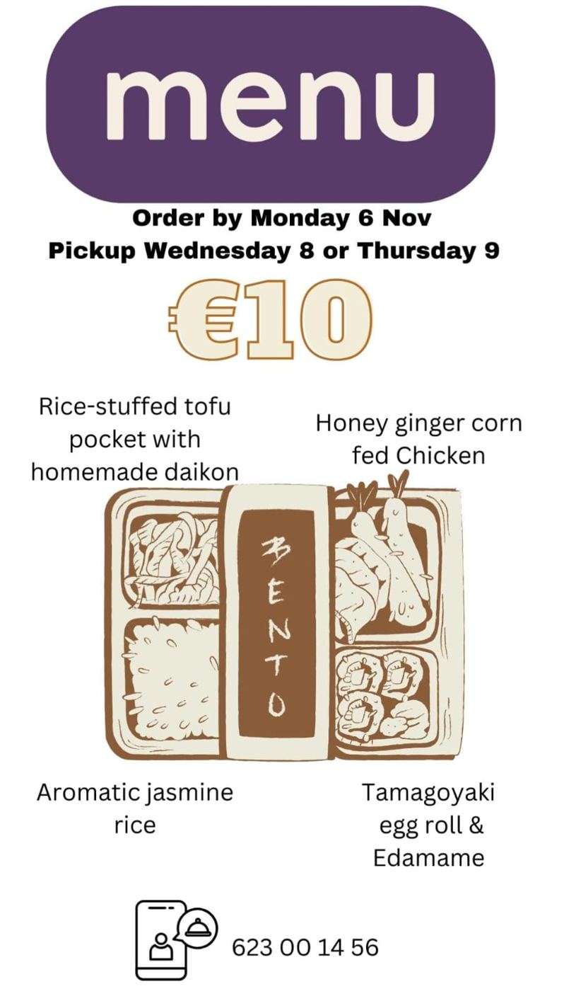 The Bento Deluxe menu card for 8 November 2023, listing Honey Ginger Corn Fed Chicken, Rice-Stuffed Tofu Pocket, Aromatic Jasmine Rice and Tamagoyaki Egg Roll
