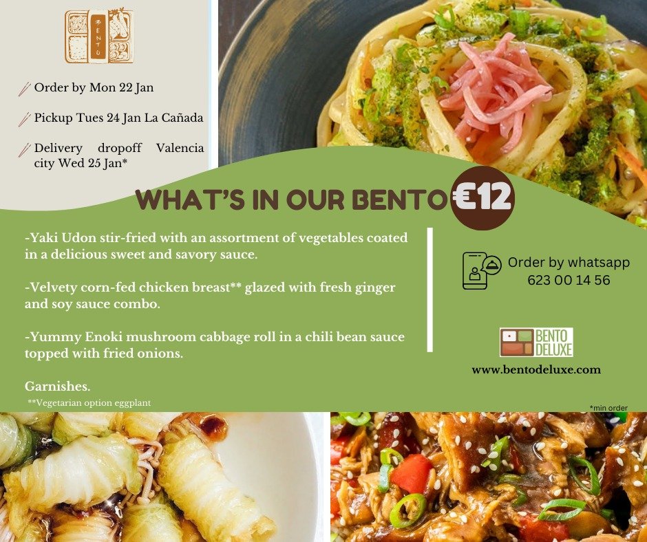 The Bento Deluxe menu card for 25 January 2024, listing Yaki Udon, Ginger Soy Chicken Breast, Enoki Mushroom Cabbage Roll and Garnishes