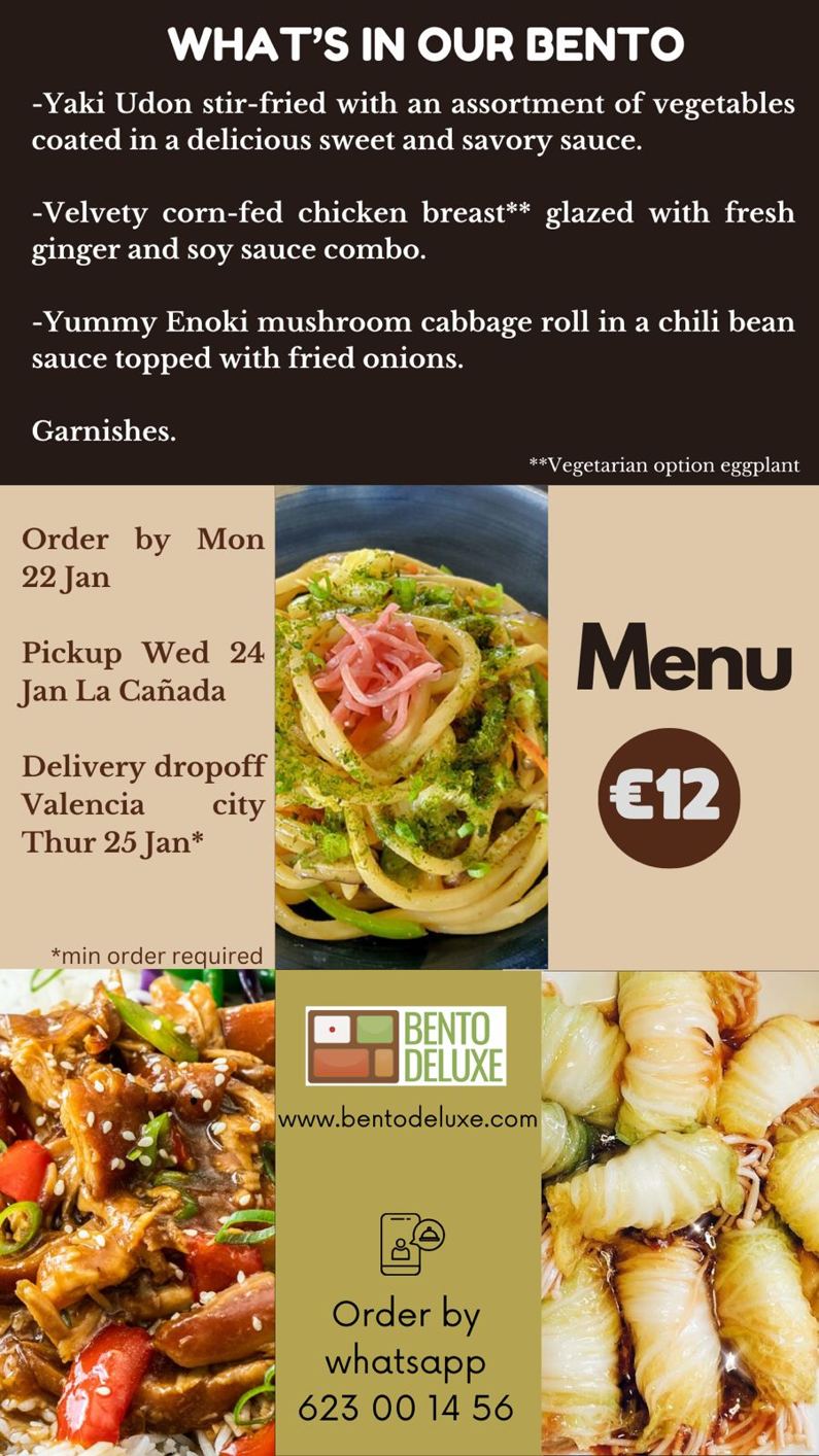 The Bento Deluxe menu card for 25 January 2024, listing Yaki Udon, Ginger Soy Chicken Breast, Enoki Mushroom Cabbage Roll and Garnishes