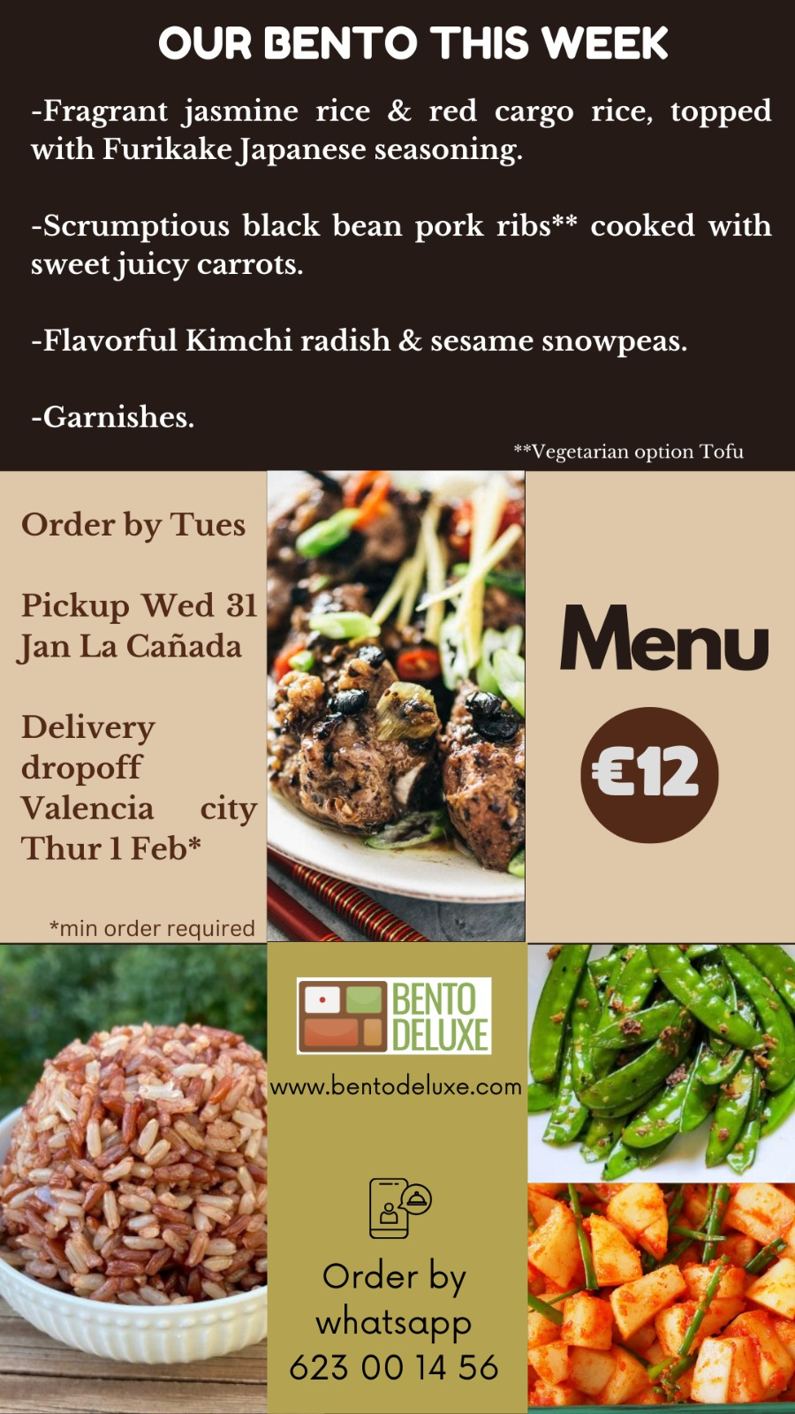 The Bento Deluxe menu card for 1 February 2024, listing Black Bean Pork Ribs, Red Cargo and Jasmine Rice and Crisp Veggies with Kimchi Daikon