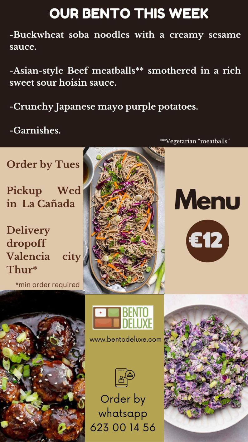 The Bento Deluxe menu card for 8 February 2024, listing Buckwheat Soba Noodles, Asian-Style Beef Meatballs and Crunchy Japanese Mayo Purple Potatoes