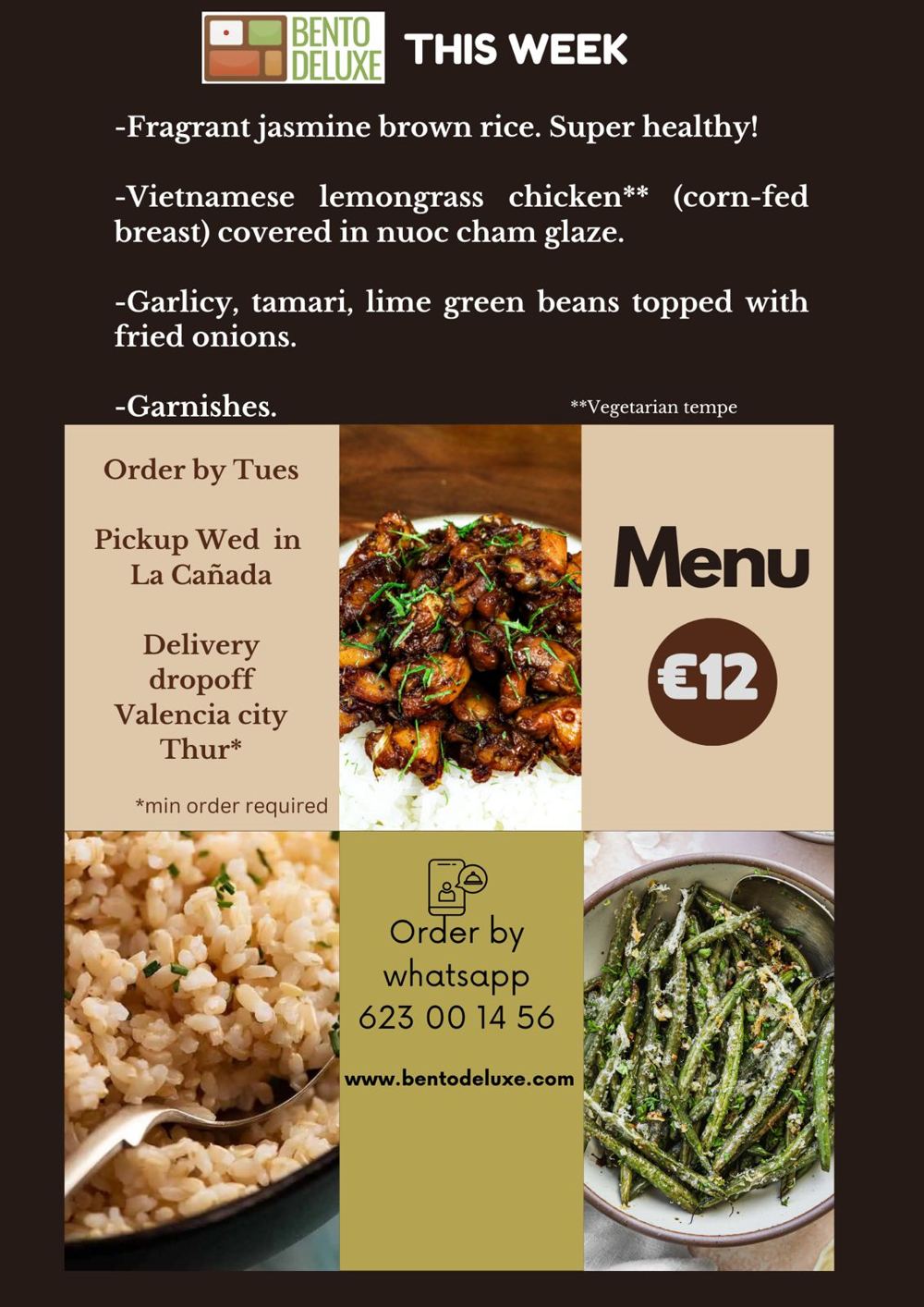 The Bento Deluxe menu card for 15 February 2024, listing Jasmine Brown Rice, Vietnamese Lemongrass Chicken and Garlic Lime Green Beans