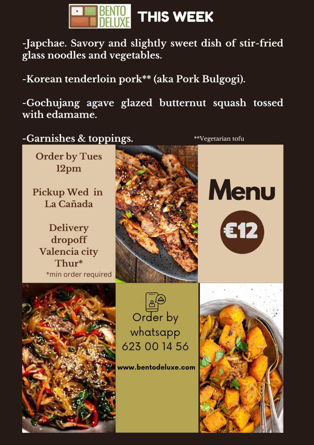 The Bento Deluxe menu card for 22 February 2024, listing Japchae Delight, Korean Pork Bulgogi and Gochujang Agave Glazed Butternut Squash