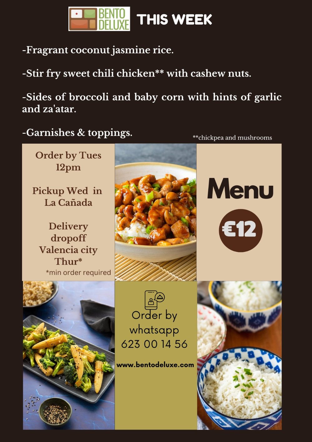 The Bento Deluxe menu card for 29 February 2024, listing Coconut Jasmine Rice, Sweet Chilli Chicken and Broccoli and Babycorn