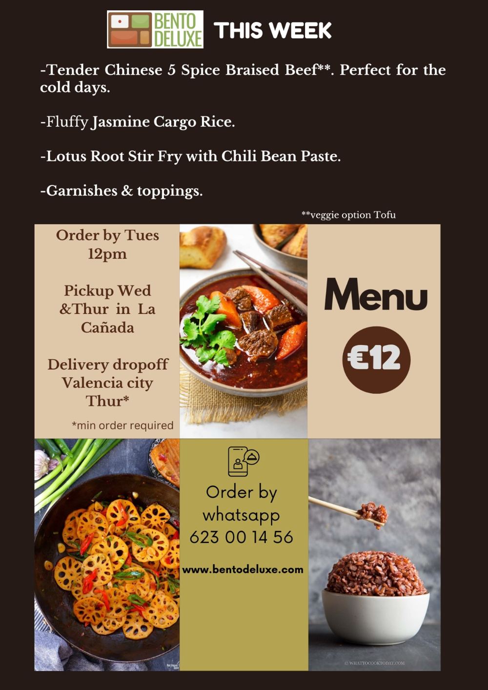 The Bento Deluxe menu card for 14 March 2024, listing Chinese 5 Spice Braised Beef, Jasmine Cargo Rice and Lotus Root Stir Fry with Chili Bean Paste