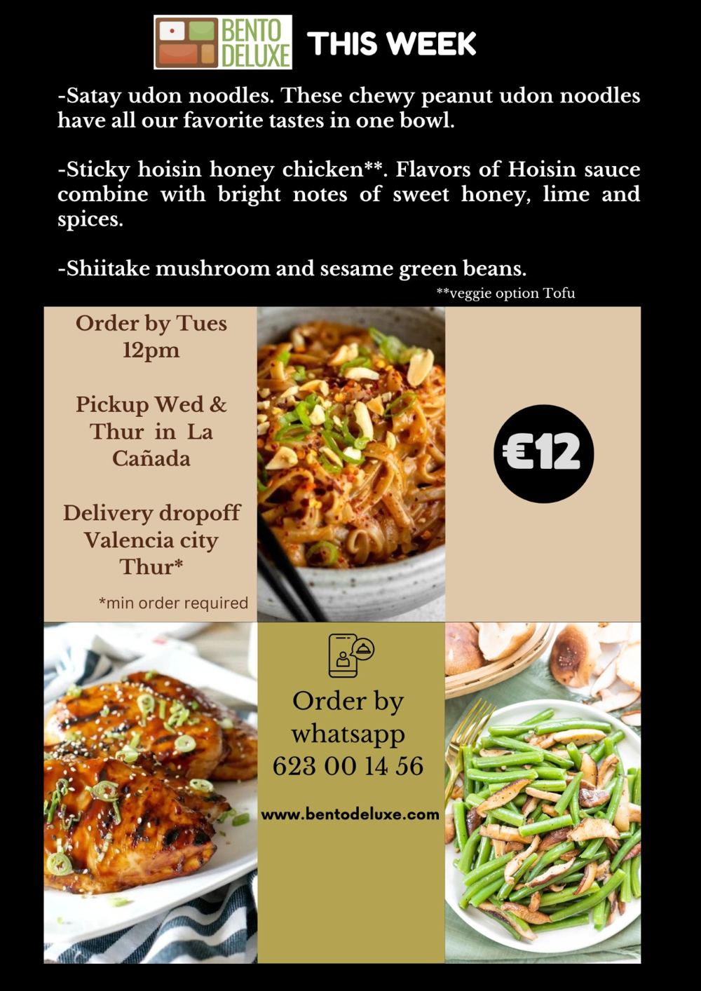 The Bento Deluxe menu card for 21 March 2024, listing Peanut-infused Satay Udon, Hoisin Honey Glazed Chicken and Umami Shitake Mushroom and Sesame Green Beans