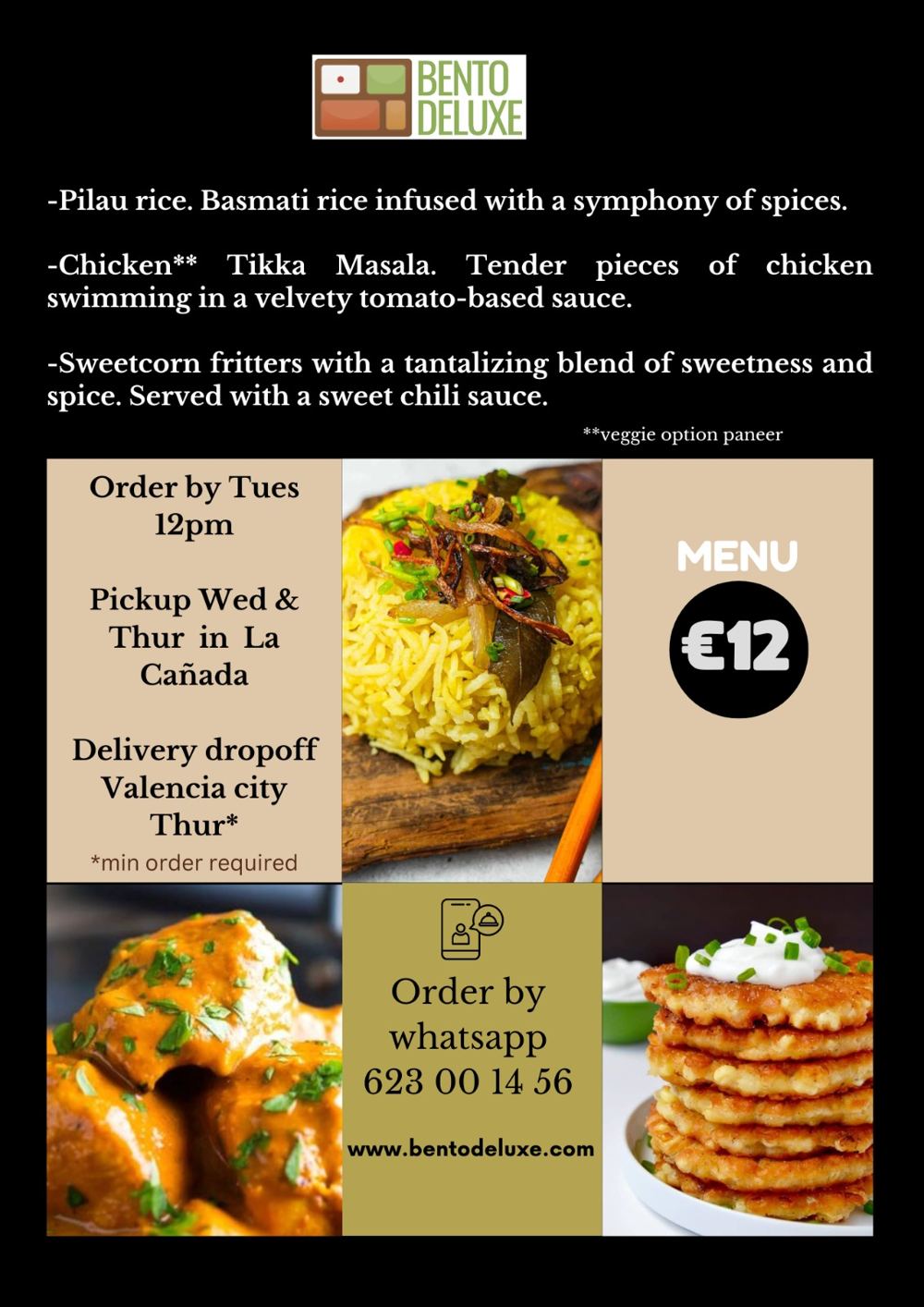 The Bento Deluxe menu card for 28 March 2024, listing Pilau Rice, Chicken Tikka Masala and Sweetcorn Fritters