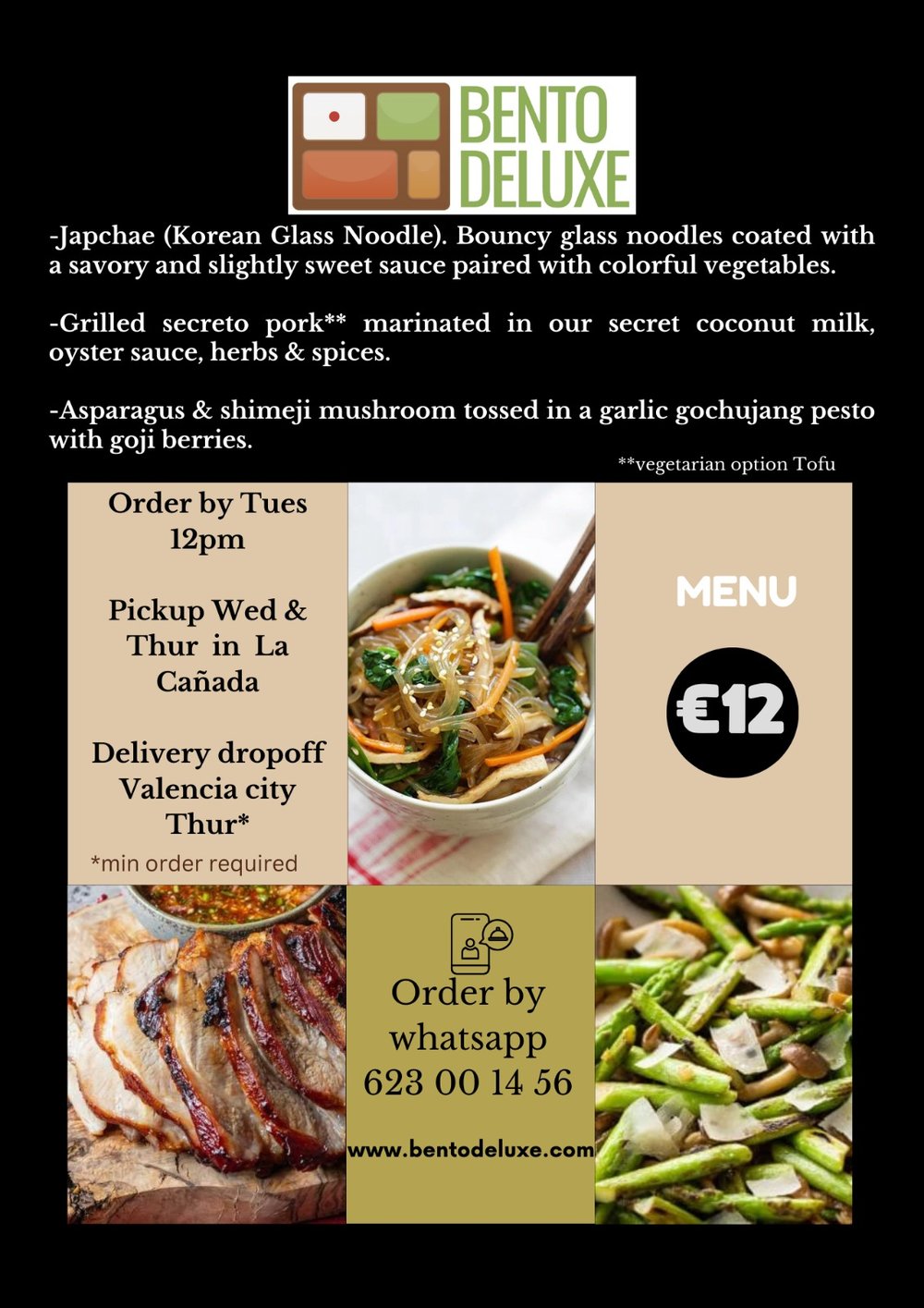 The Bento Deluxe menu card for 4 April 2024, listing Japchae, Grilled Secreto Pork and Asparagus and Shimeji Mushroom