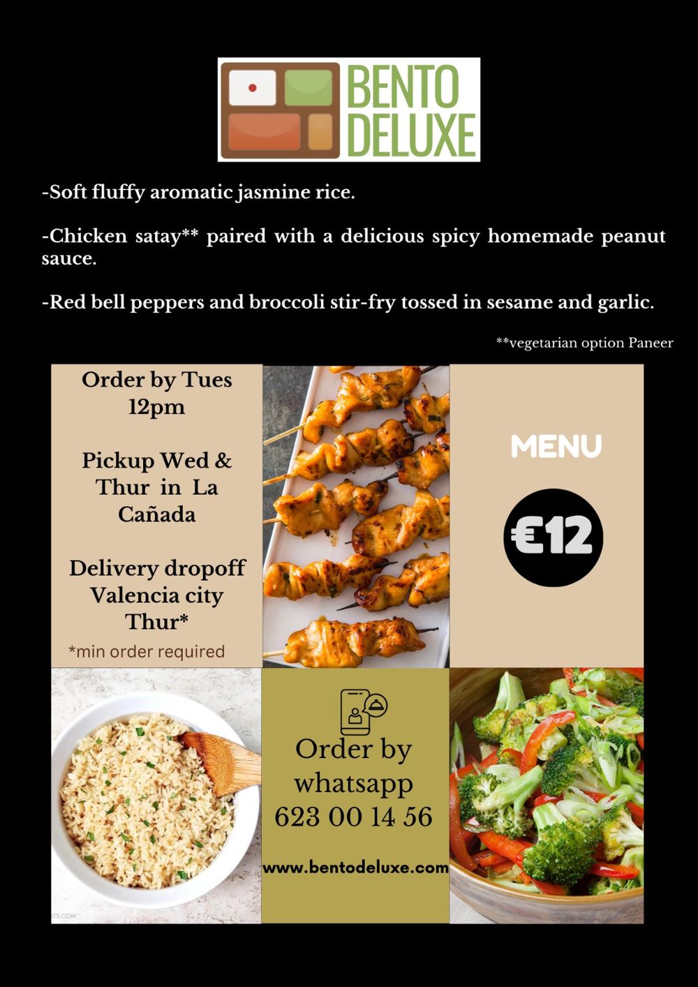 The Bento Deluxe menu card for 11 April 2024, listing Jasmine Rice, Chicken Satay and Sesame Broccoli and Red Pepper Stir-Fry
