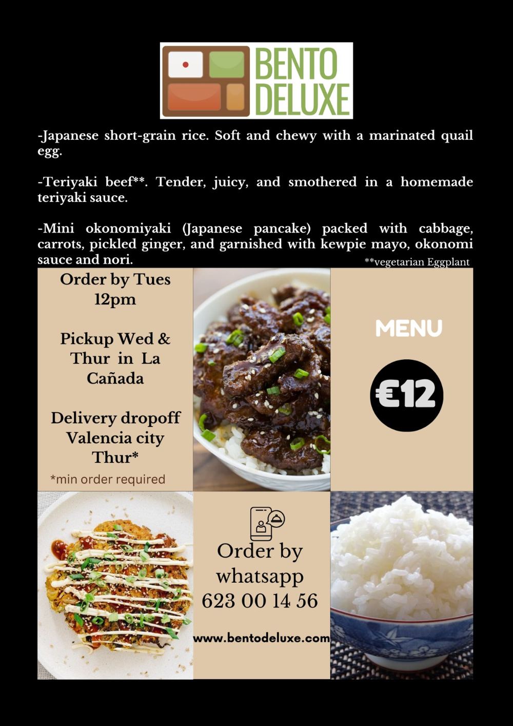The Bento Deluxe menu card for 18 April 2024, listing Japanese Short-Grain Rice, Teriyaki Beef and Mini Okonomiyaki
