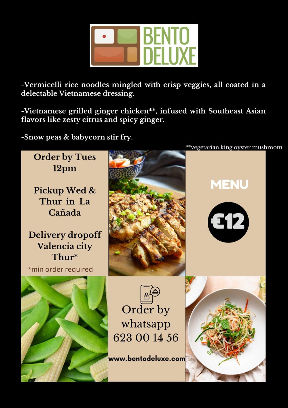 The Bento Deluxe menu card for 25 April 2024, listing Vietnamese Grilled Ginger Chicken, Vermicelli Rice Noodles and Snow Pea and Baby Corn Stir-Fry