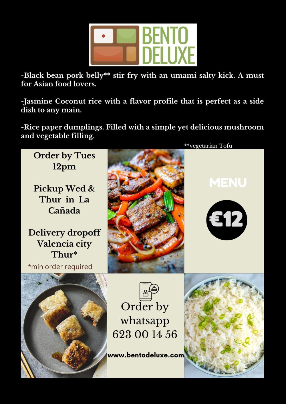 The Bento Deluxe menu card for 2 May 2024, listing Black Bean Pork Belly Stir-Fry, Jasmine Coconut Rice and Rice Paper Dumplings