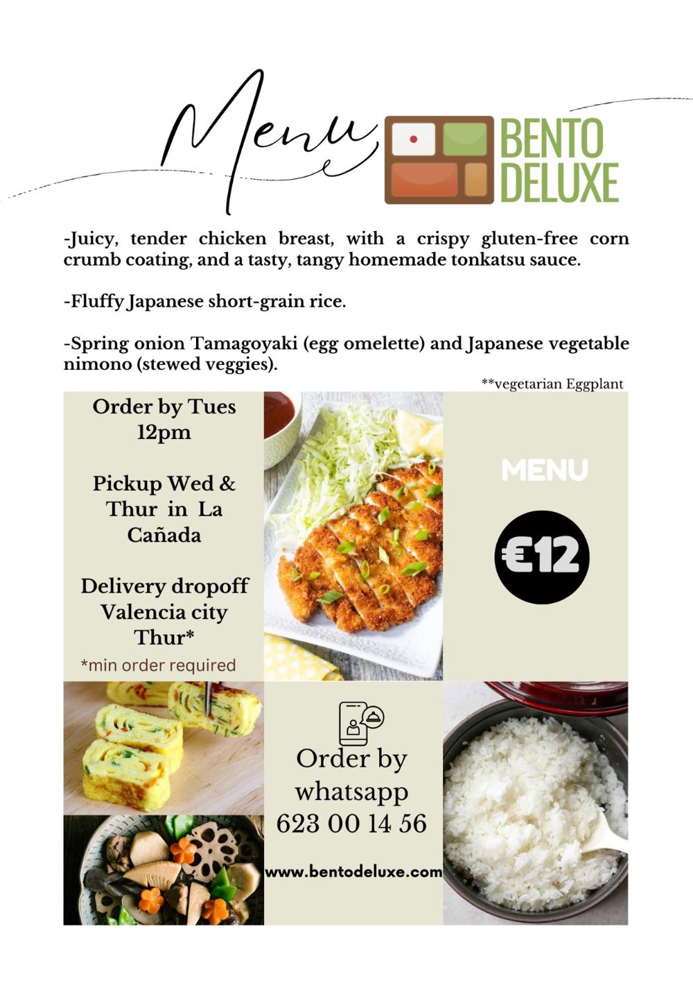 The Bento Deluxe menu card for 9 May 2024, listing Chicken Katsu, Japanese Short-Grain Rice and Tamagoyaki and Vegetable Nimono