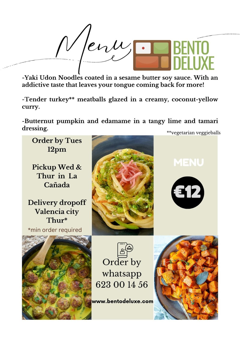 The Bento Deluxe menu card for 16 May 2024, listing Yaki Udon Noodles, Asian Style Turkey Meatballs and Butternut Pumpkin and Edamame