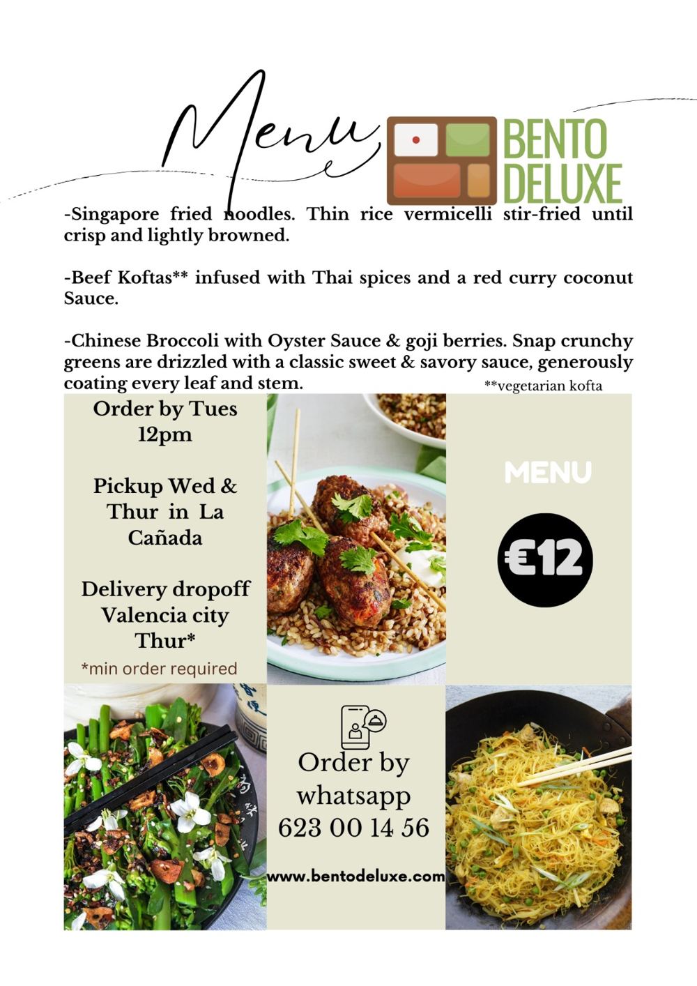 The Bento Deluxe menu card for 30 May 2024, listing Singapore Fried Noodles, Beef Koftas and Chinese Broccoli with Oyster Sauce