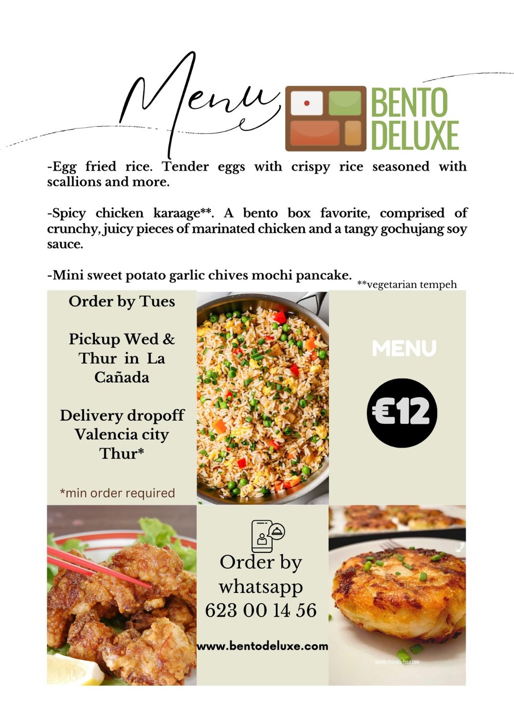 The Bento Deluxe menu card for 6 June 2024, listing Egg Fried Rice, Spicy Chicken Karaage and Mini Sweet Potato Garlic Chives Mochi Pancake