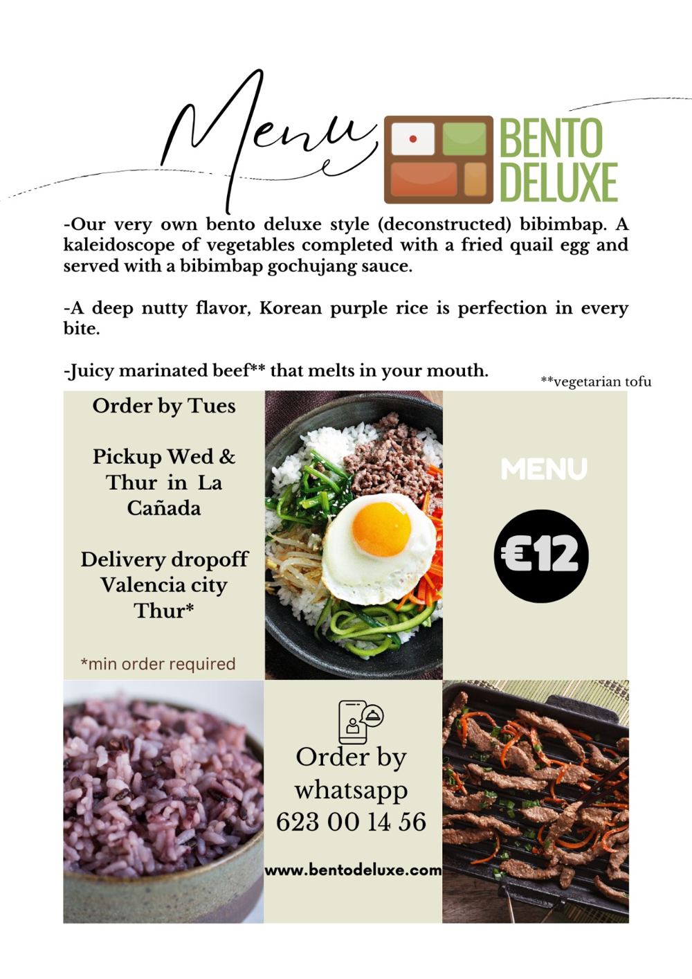 The Bento Deluxe menu card for 13 June 2024, listing Deconstructed Bento Deluxe Bibimbap, Korean Purple Rice and Marinated Beef Steak