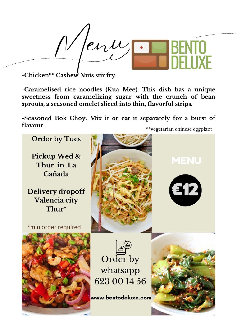 The Bento Deluxe menu card for 20 June 2024, listing Chicken Cashew Nuts, Caramelised Rice Noodles (Kua Mee) and Seasoned Bok Choy
