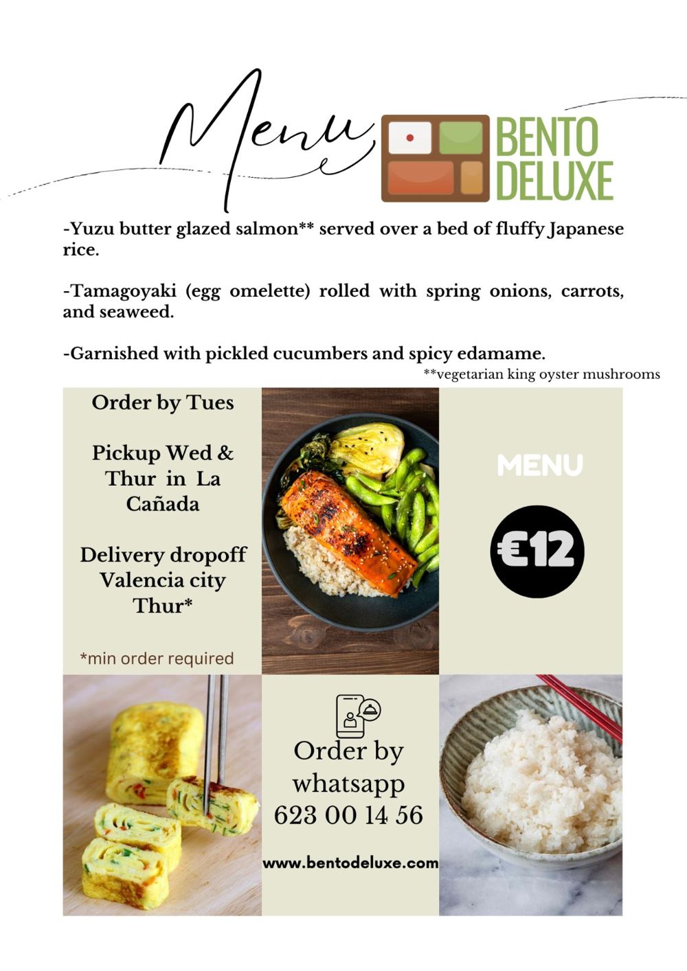 The Bento Deluxe menu card for 27 June 2024, listing Yuzu Butter Glazed Salmon, Tamagoyaki and Pickled Cucumbers and Spicy Edamame
