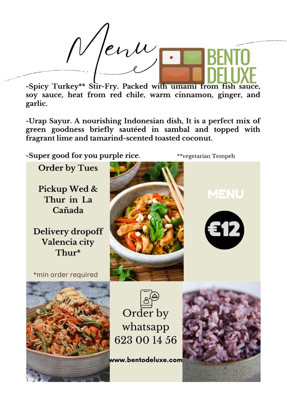 The Bento Deluxe menu card for 11 July 2024, listing Spicy Turkey Stir-Fry, Urap Sayur and Super Good for You Purple Rice