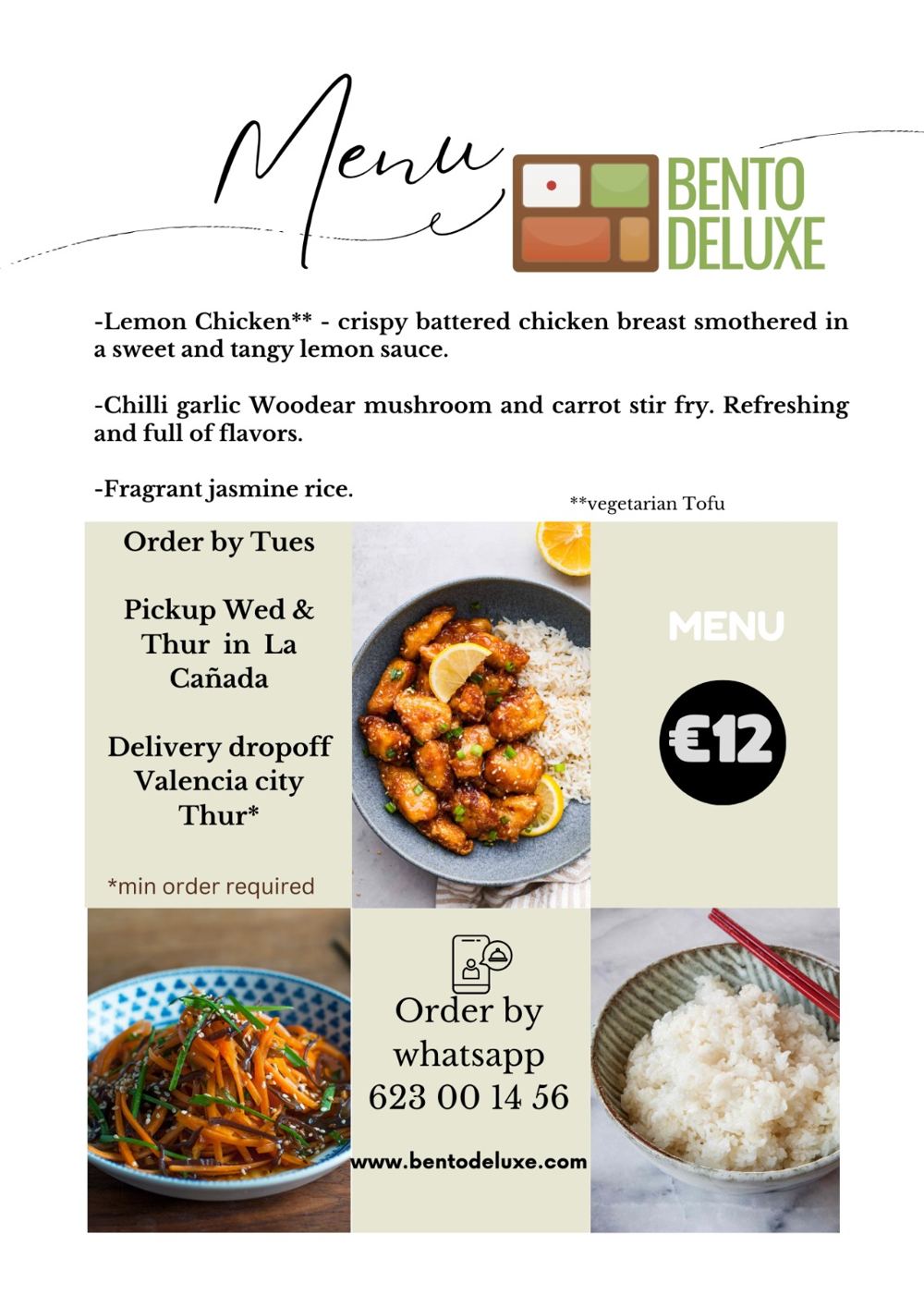 The Bento Deluxe menu card for 25 July 2024, listing Crispy Lemon Chicken and Woodear Mushroom and Carrot Stir-Fry