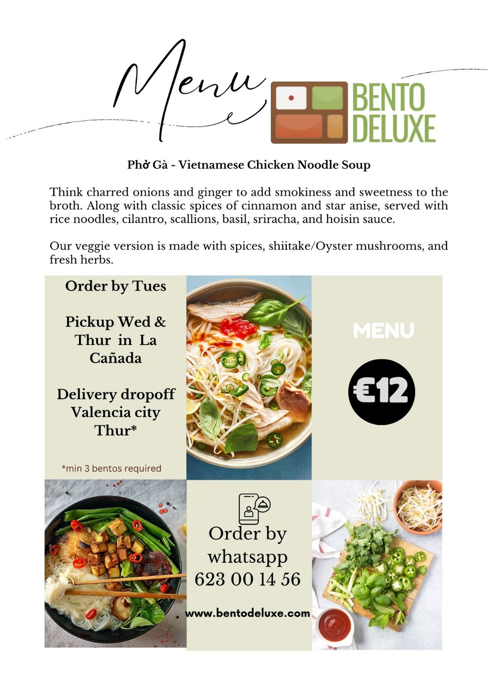 The Bento Deluxe menu card for 1 August 2024, listing Phở Gà
