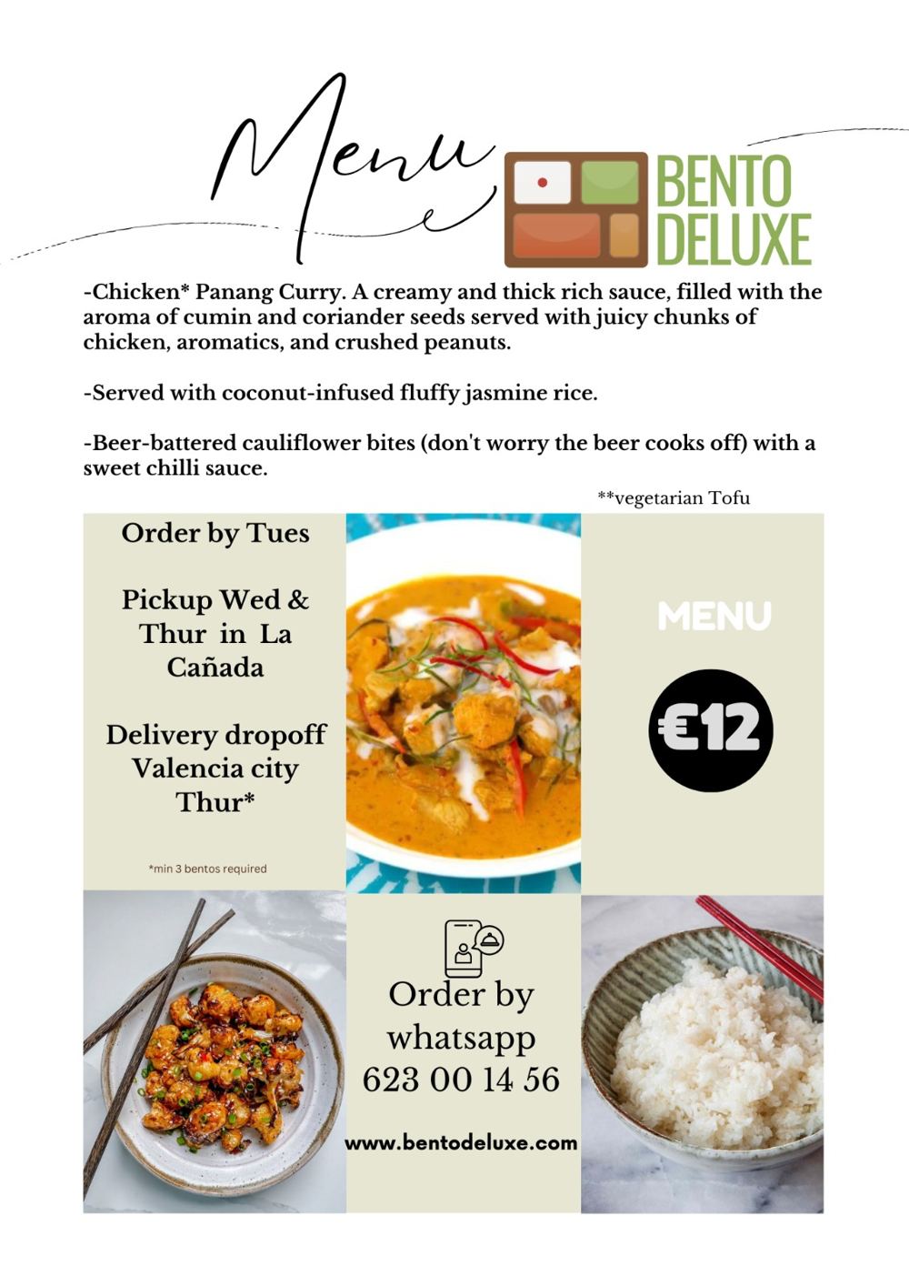 The Bento Deluxe menu card for 12 September 2024, listing Chicken Panang Curry and Beer-Battered Cauliflower Bites