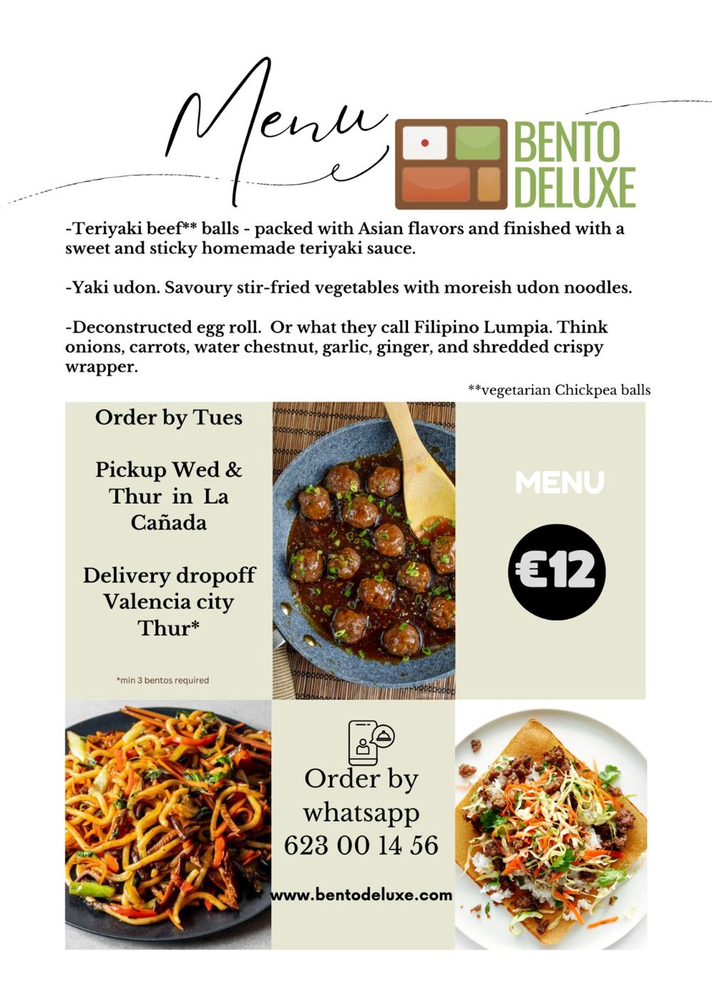 The Bento Deluxe menu card for 19 September 2024, listing Teriyaki Beef Balls, Yaki Udon and Deconstructed Egg Roll