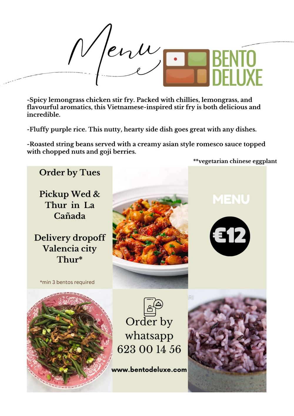 The Bento Deluxe menu card for 26 September 2024, listing Spicy Lemongrass Chicken Stir-Fry, Fluffy Purple Rice and Roasted String Beans