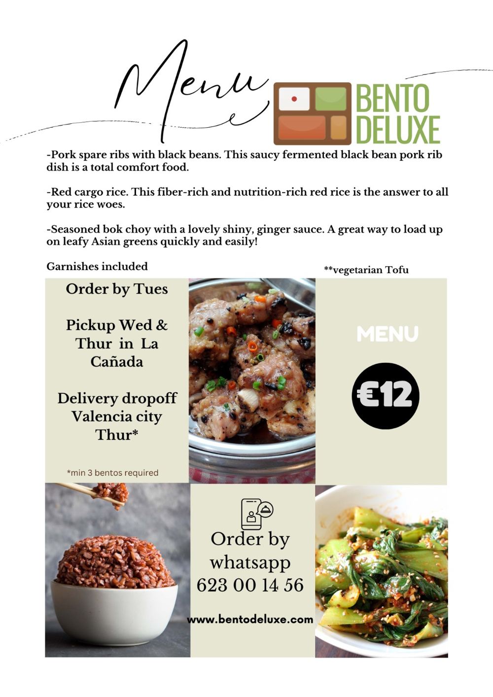 The Bento Deluxe menu card for 3 October 2024, listing Pork Spare Ribs with Black Beans, Red Cargo Rice and Seasoned Bok Choy with Ginger Sauce