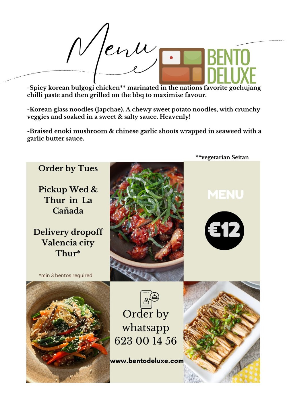 The Bento Deluxe menu card for 10 October 2024, listing Spicy Korean Bulgogi Chicken, Japchae Glass Noodles and Braised Enoki Mushrooms