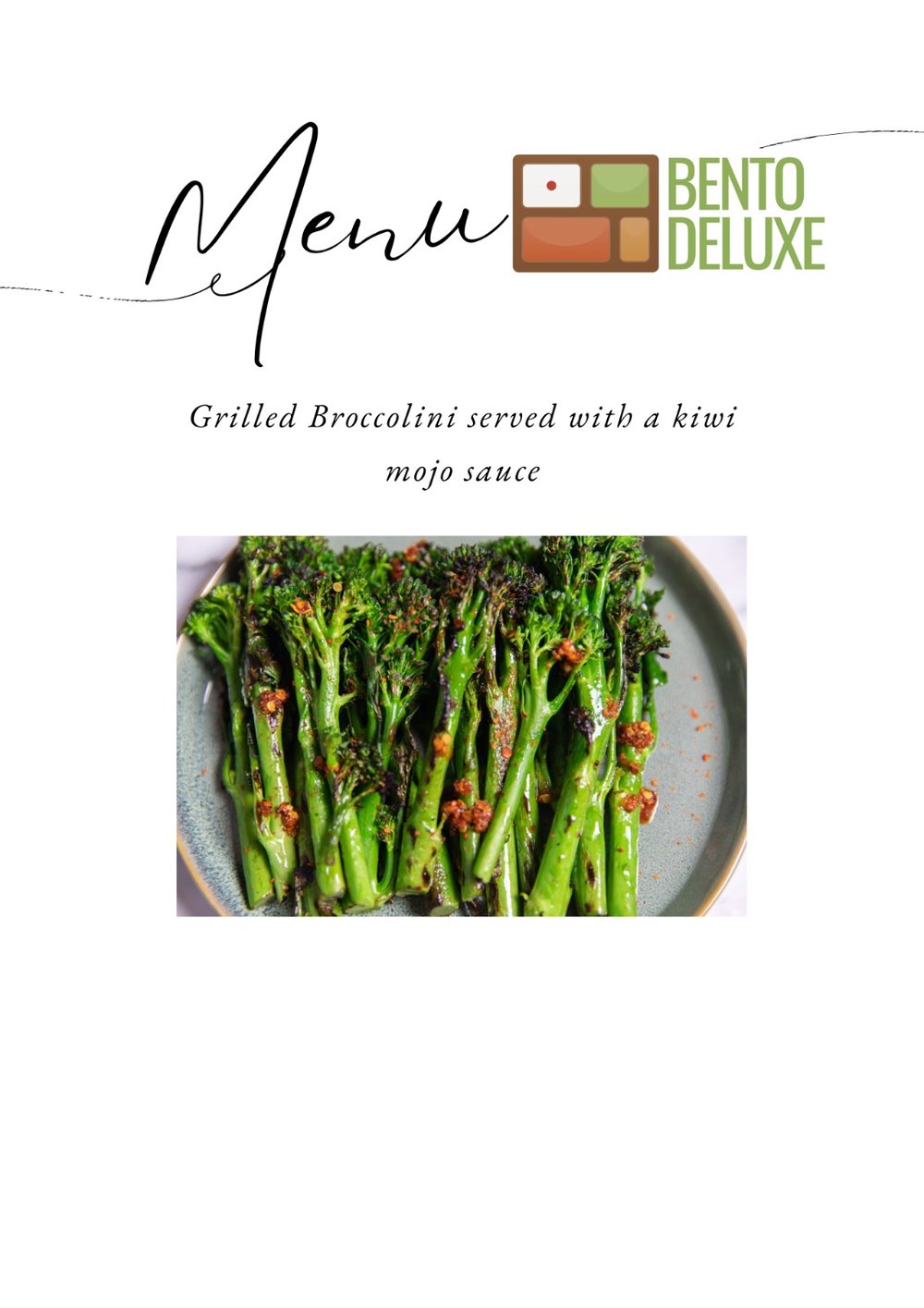 The Bento Deluxe sides card for 17 October 2024, listing Grilled Broccolini with Kiwi Mojo Sauce