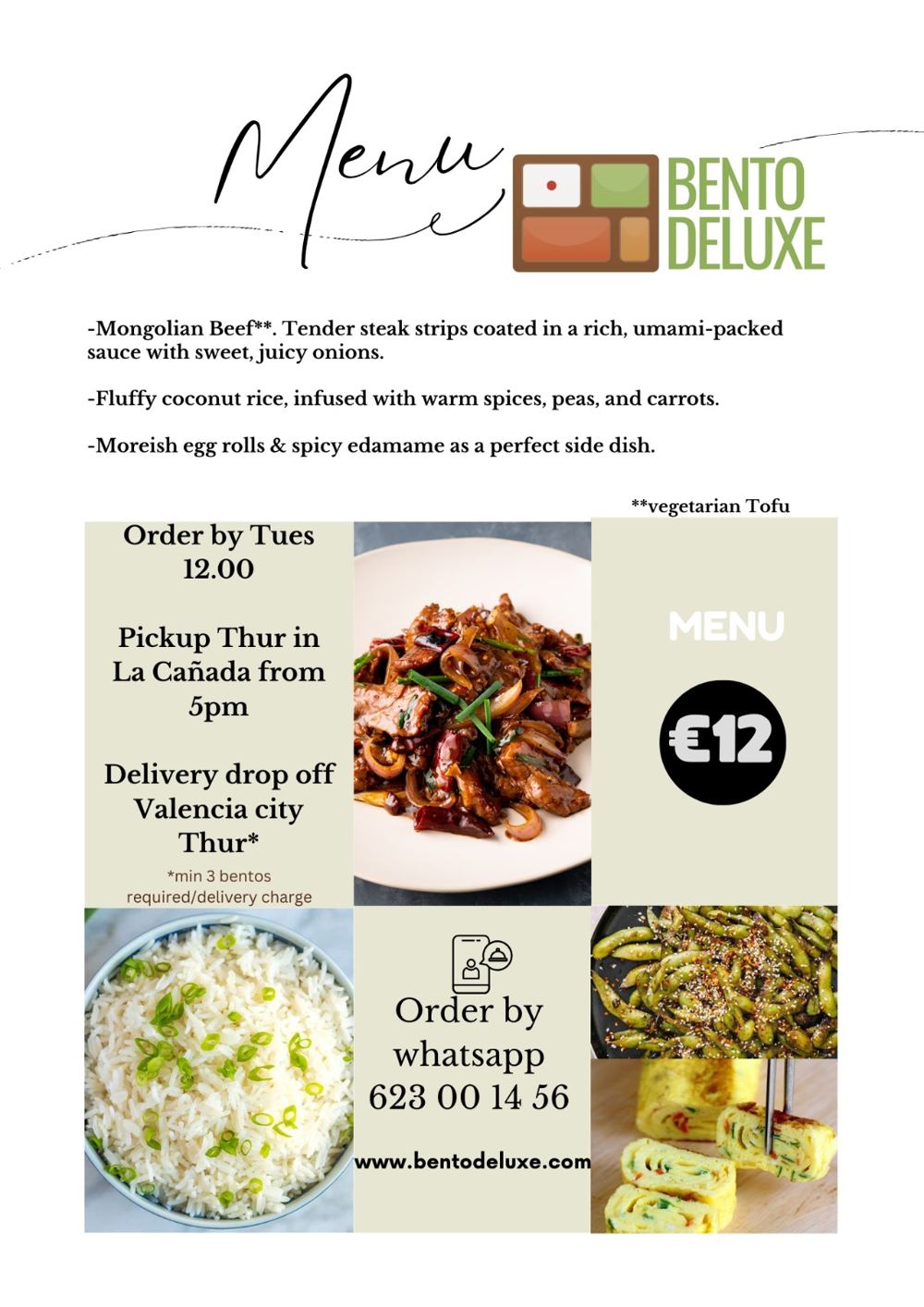 The Bento Deluxe menu card for 17 October 2024, listing Mongolian Beef, Coconut Rice and Spring Onion Egg Rolls and Spicy Edamame