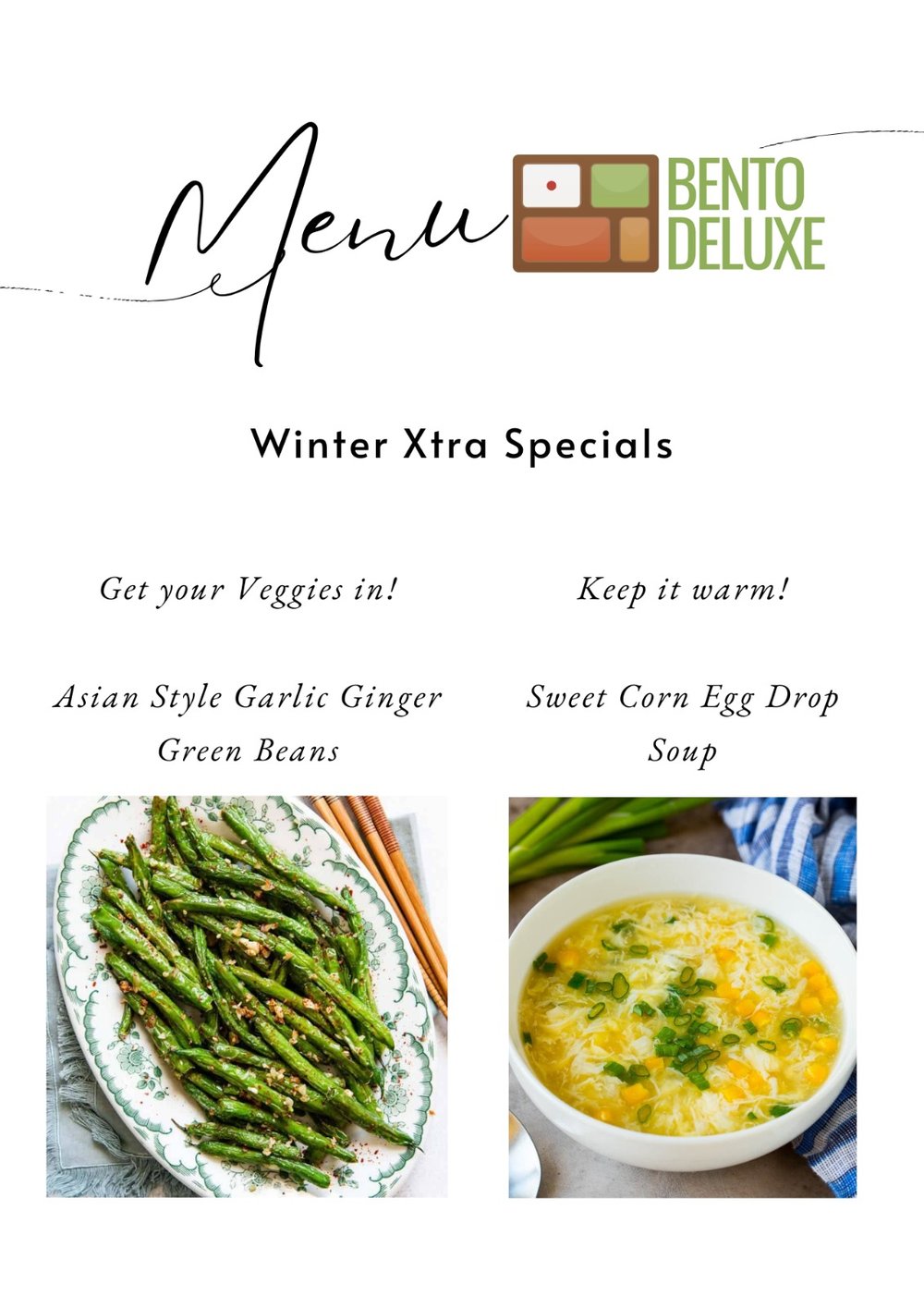 The Bento Deluxe sides card for 31 October 2024, listing Asian Style Garlic Ginger Green Beans and Sweet Corn Egg Drop Soup