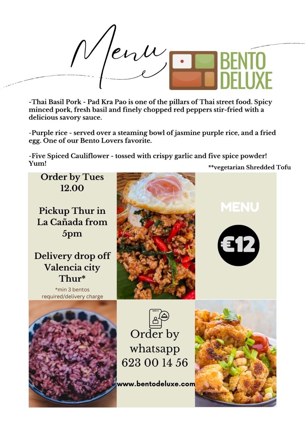 The Bento Deluxe menu card for 31 October 2024, listing Thai Basil Pork (Pad Kra Pao), Purple Rice and Five-Spice Cauliflower