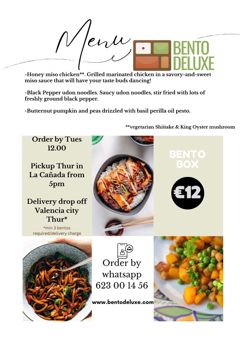 The Bento Deluxe menu card for 7 November 2024, listing Honey Miso Chicken, Black Pepper Udon Noodles and Butternut Pumpkin and Peas