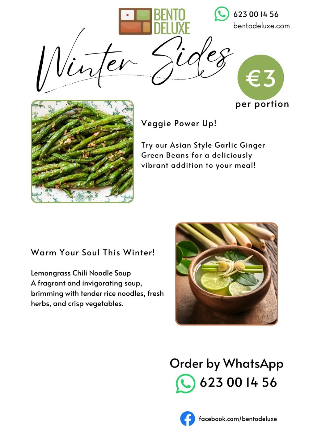 The Bento Deluxe sides card for 14 November 2024, listing Asian Style Garlic Ginger Green Beans! and Soup !