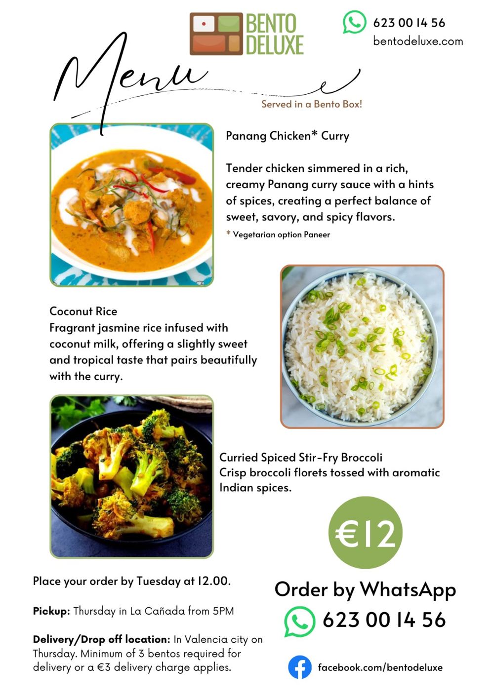 The Bento Deluxe menu card for 14 November 2024, listing Panang Chicken Curry, Coconut Rice and Curried Spiced Stir-Fry Broccoli