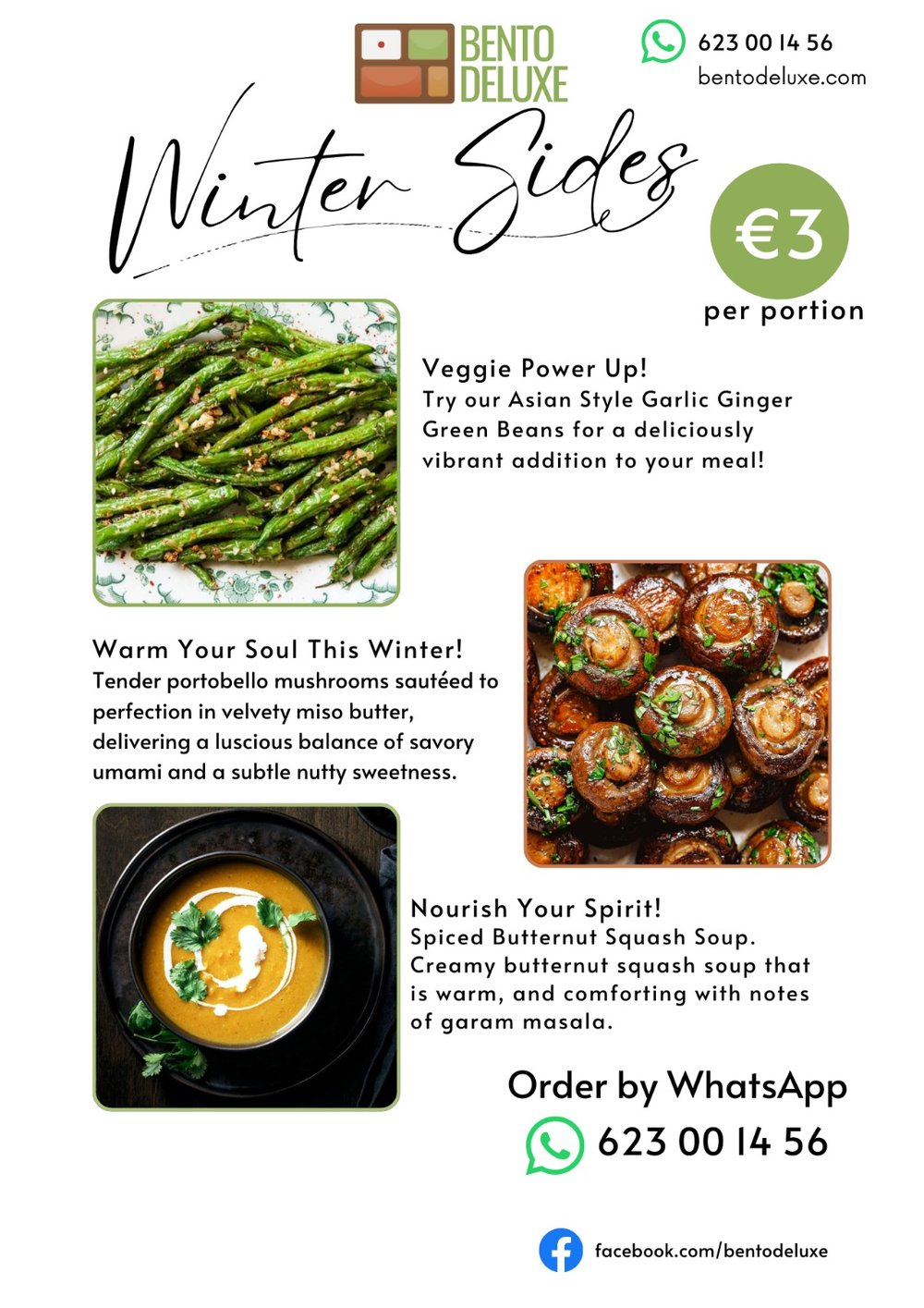 The Bento Deluxe sides card for 21 November 2024, listing Asian Style Garlic Ginger Green Beans, Miso Butter Portobello Mushrooms and Spiced Butternut Squash Soup