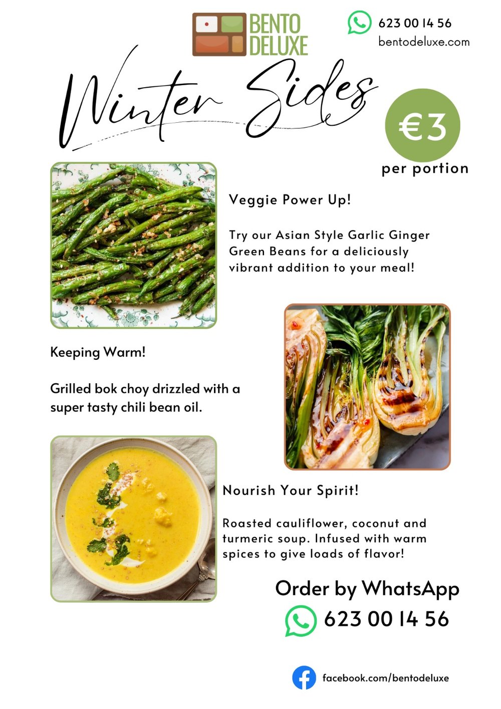 The Bento Deluxe sides card for 28 November 2024, listing Asian Style Garlic Ginger Green Beans, Grilled Bok Choy with Chilli Bean Oil and Roasted Cauliflower, Coconut and Turmeric Soup