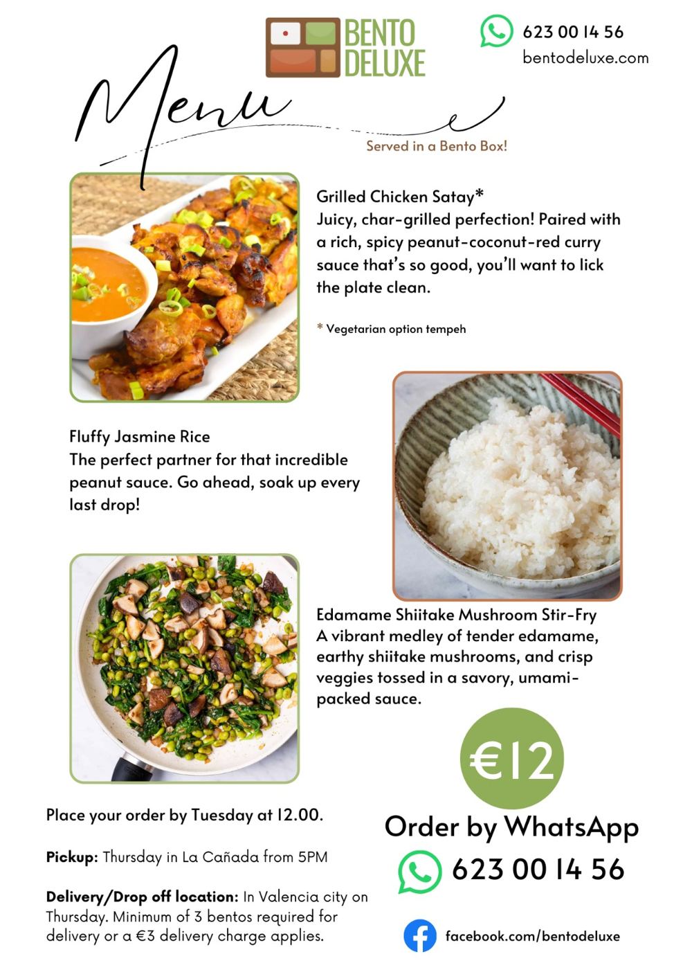 The Bento Deluxe menu card for 28 November 2024, listing Grilled Chicken Satay, Fluffy Jasmine Rice and Edamame Shiitake Mushroom Stir-Fry