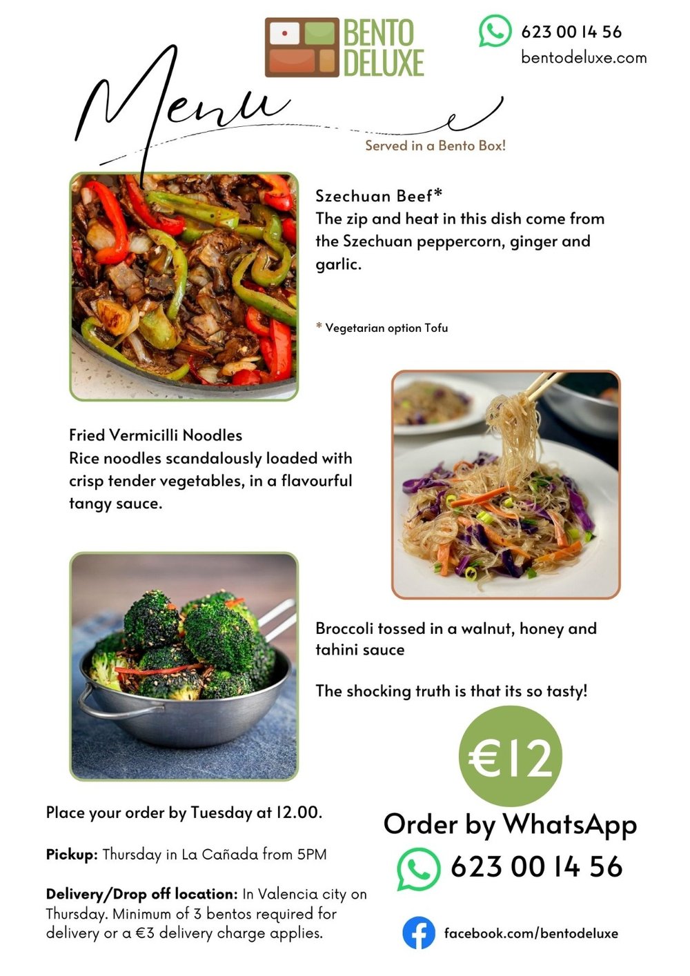 The Bento Deluxe menu card for 5 December 2024, listing Szechuan Beef, Fried Vermicelli Noodles and Broccoli with Walnut Honey Tahini Sauce