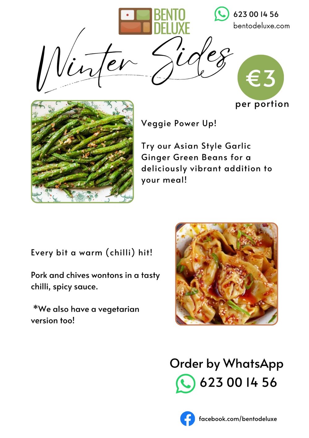 The Bento Deluxe sides card for 12 December 2024, listing Asian Style Garlic Ginger Green Beans and Pork and Chives Wontons
