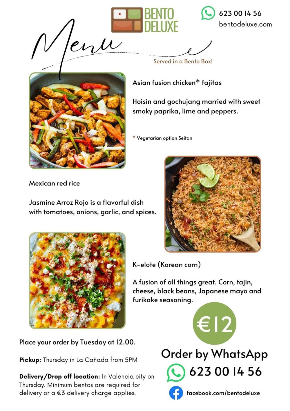 The Bento Deluxe menu card for 12 December 2024, listing Asian Fusion Chicken Fajitas, Arroz Rojo and K-elote (Korean Corn)