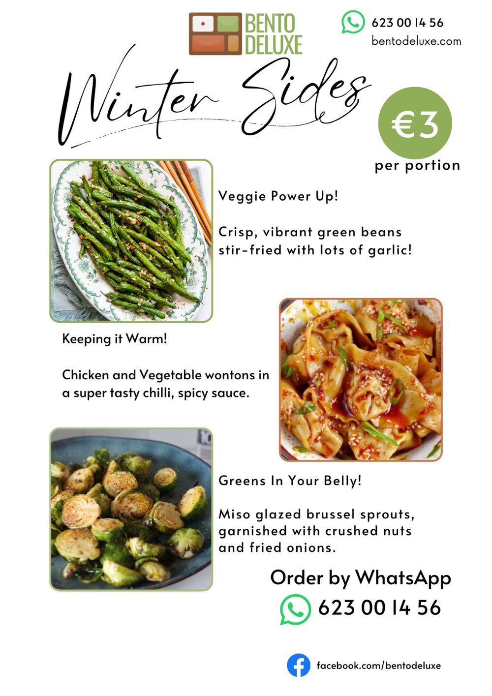 The Bento Deluxe sides card for 19 December 2024, listing Garlic Green Beans, Chicken and Vegetable Wontons and Miso Glazed Brussels Sprouts