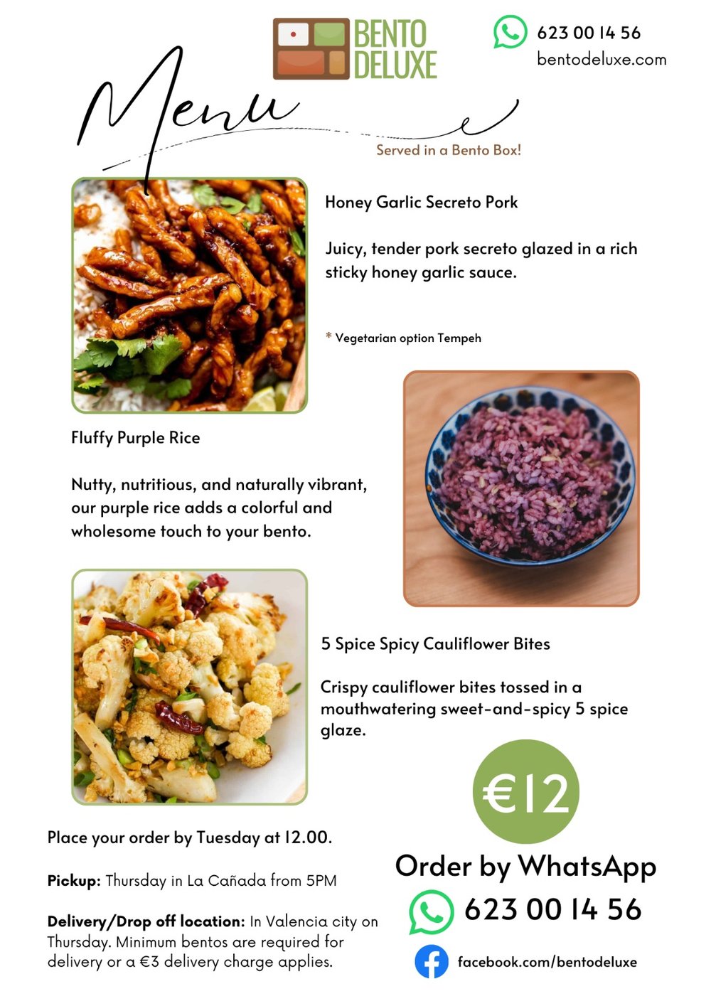 The Bento Deluxe menu card for 19 December 2024, listing Honey Garlic Secreto Pork, Purple Rice and Sweet and Spicy Cauliflower