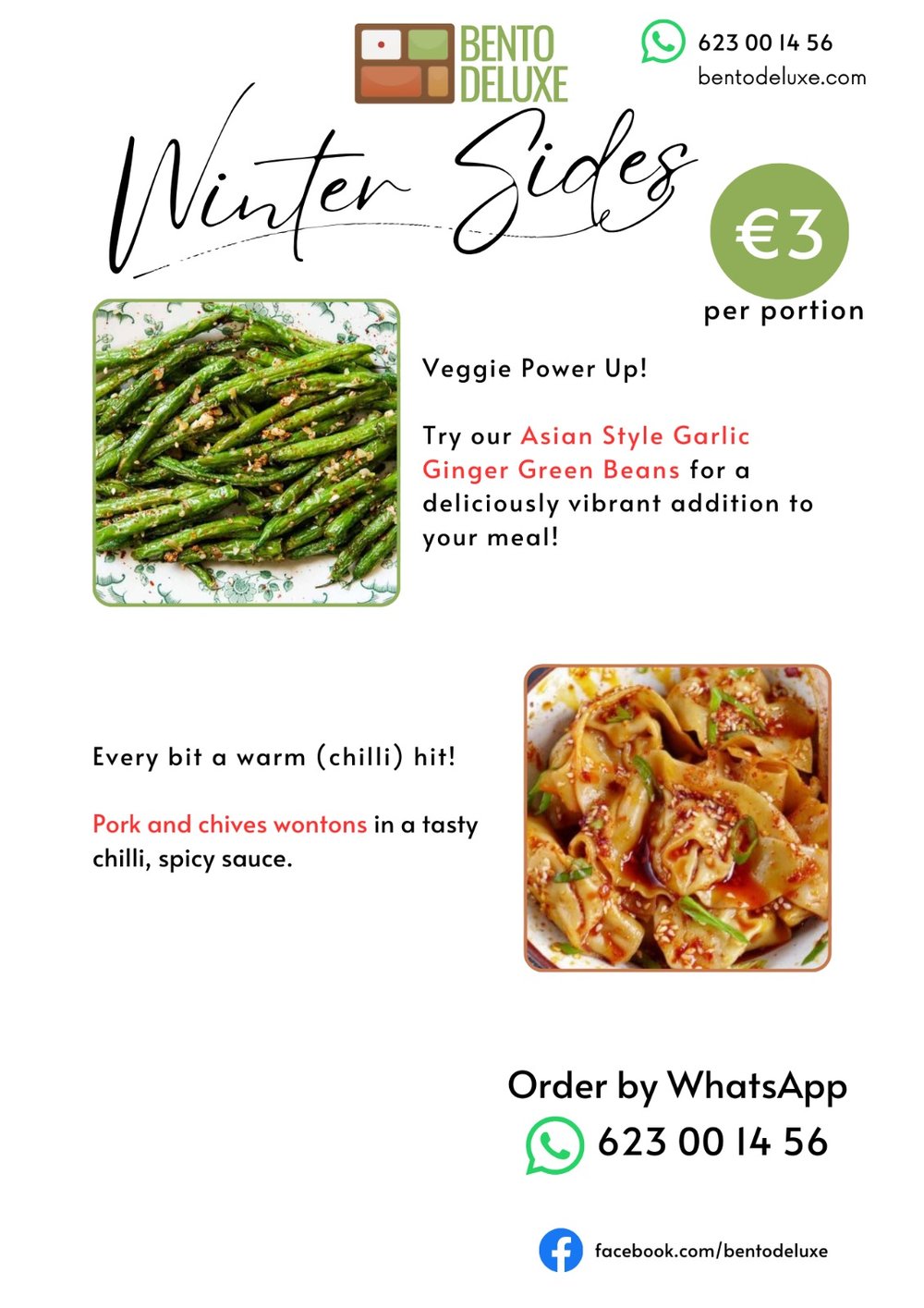 The Bento Deluxe sides card for 9 January 2025, listing Asian Style Garlic Ginger Green Beans and Pork and Chives Wontons