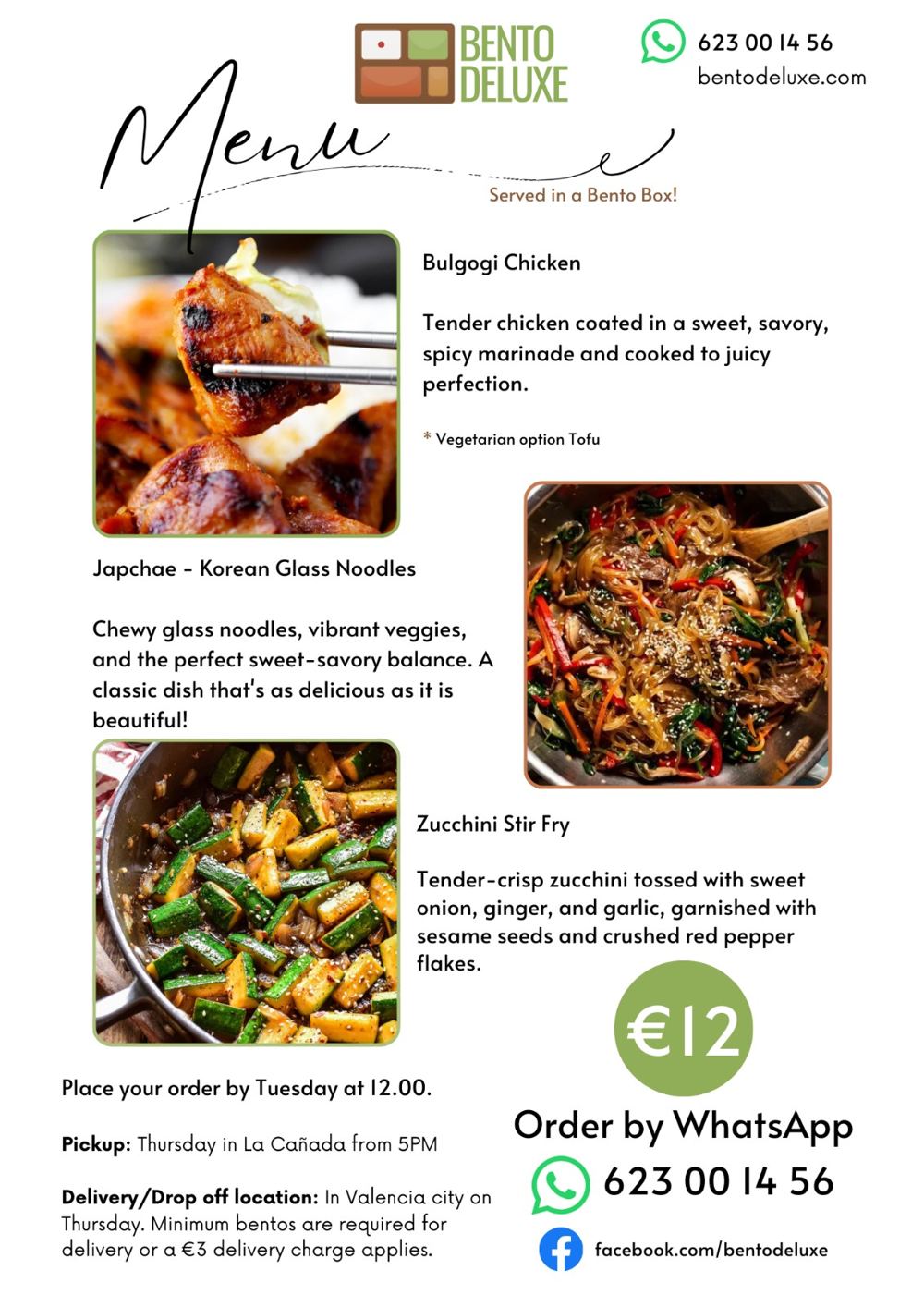 The Bento Deluxe menu card for 9 January 2025, listing Bulgogi Chicken, Japchae and Zucchini Stir Fry